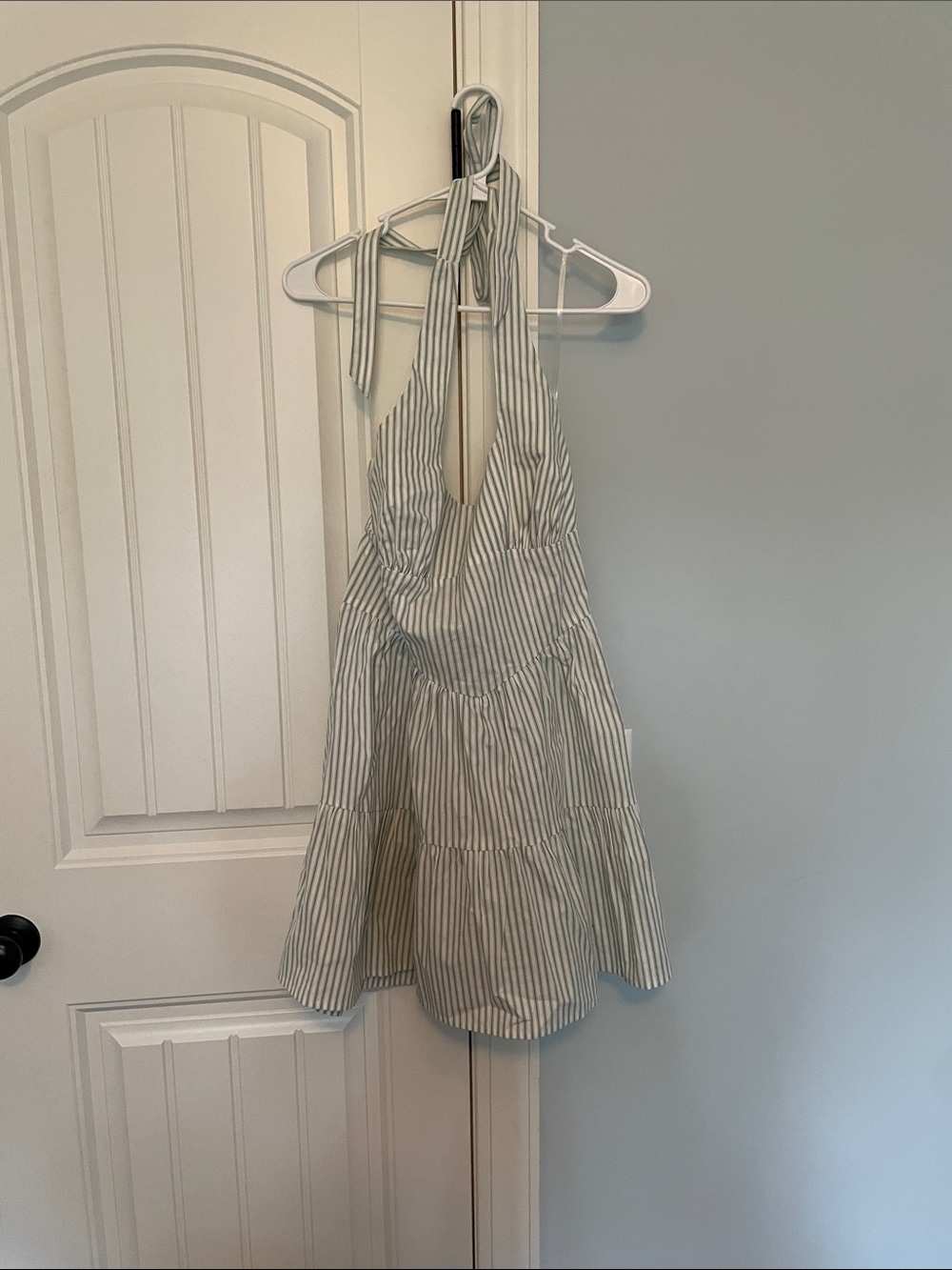 wild fable White and Light Gray Striped Halter Tiered Mini Dress